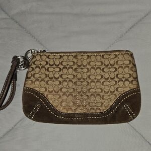 Coach Signature Mini Cs & Suede Wristlet in khaki and brown